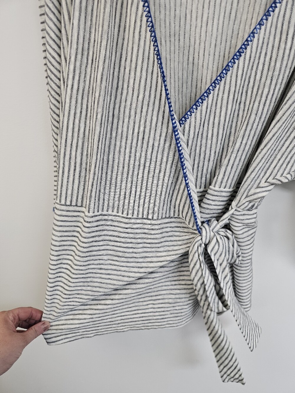 Sundance Freya Yarn Dyed Linen Blend Faux Wrap Striped Whipstitch Blouse - Picture 5 of 8